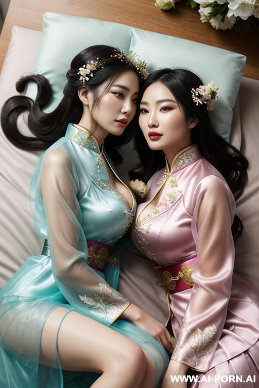 tea party, full clothes, pleated dress, chinese clothes, traditional clothes, chinese wedding, old china outfit , lights color sheer coat , 2 womens, lying on bed, women on top, hugging each other, neck kissing, lookimg at another - #main