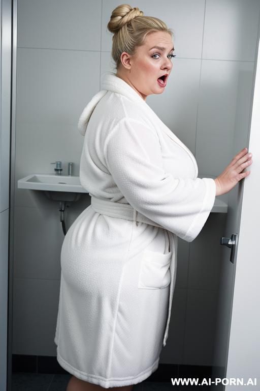 ultra obese, very saggy boobs, fat arms, huge ass, stuck out tongue, open white bathrobe, side view - #main