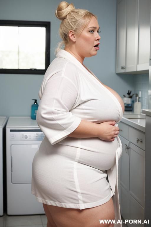 ultra obese, very saggy boobs, fat arms, huge ass, stuck out tongue, opening her white bathrobe, side view, showing her pendulous boobs - #main