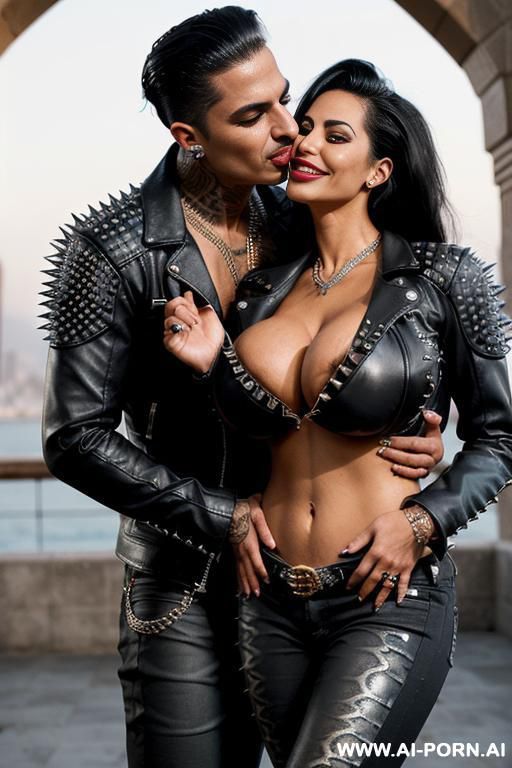 ((((arab rap milf kissing two muscular punk men on the stomach)))) with ((((((gigantic tits)))))) and (((long hair))), (makeup) , (((tight spiked black python print leather jacket))) (((tight spiked - #main