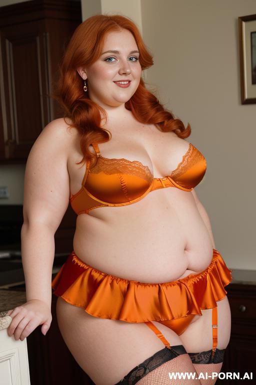 half body photo shot close up. a ((british obese fat bbw redhead)), ((thick with love handless)). ((wearing a orange sexy and hot garter belt lingerie, and a dark-red ruffle silk micro-skirt)). she is smiling - #main