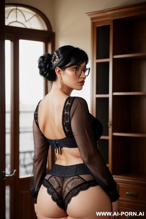 rear view, wide hips, large ass, beautiful face, curvy, highly detailed, looking at viewer, big grey eyes, standing, black lace stockings, garter belt, blue shirt long sleeves, reading glasses. - #main