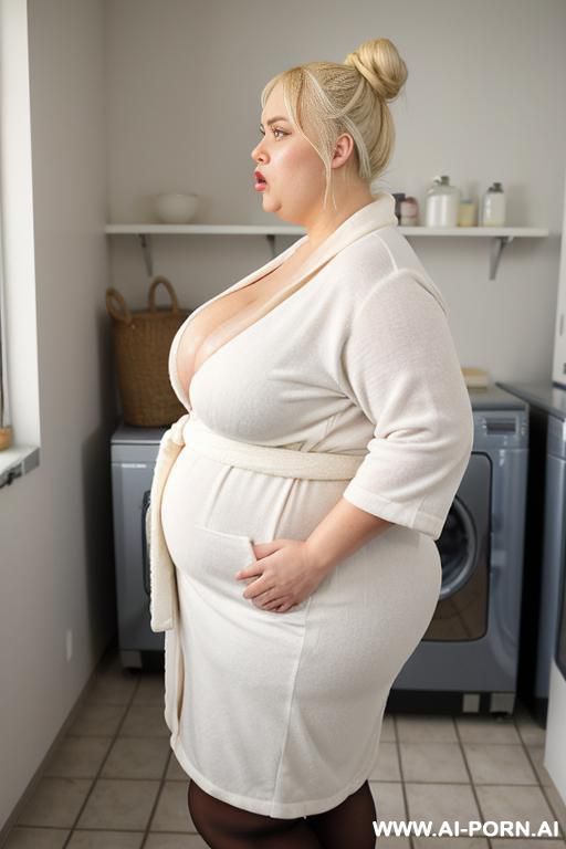 very saggy boobs, fat arms, fat ass, opening her white bathrobe, showing boobs, side view, very obese woman, pendulous nipples - #main