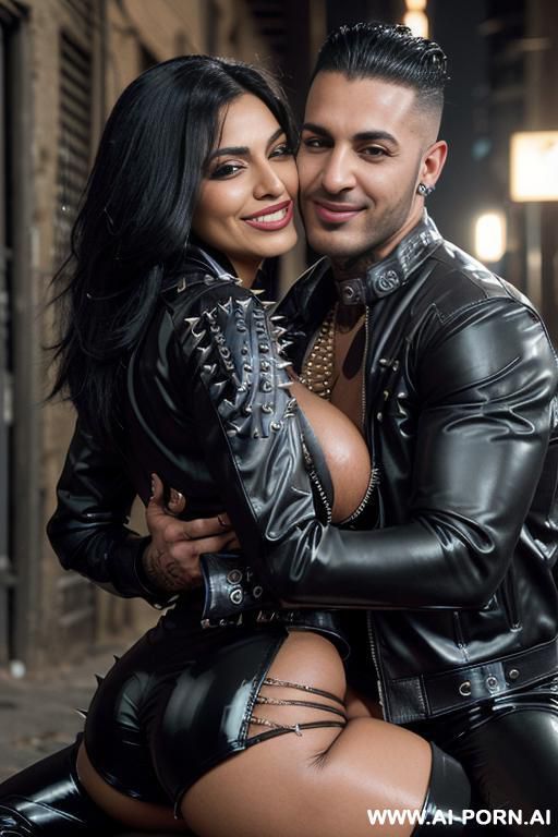 ((((arab rap milf hugging and kissing a muscular punk man on the lips)))) with ((((((gigantic tits)))))) and (((long hair))), (makeup) , (((tight spiked black latex jacket))) (((tight spiked black - #main