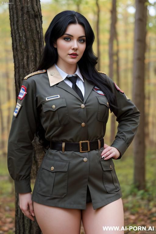 nude sexy russian with hug tits, thick thighs, hourglass body, black hair, blue eyes, extremely beautiful, wearing scout uniform, ((keep face)) ((keep body)) - #main