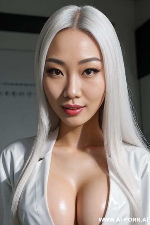 realistic mixed asian bimbo, casual long hair, completely naked, open white lab coat, simple latex corset, friendly submissive expression, science lab background, extreme closeup face pov, gorgeous face, pov - #main