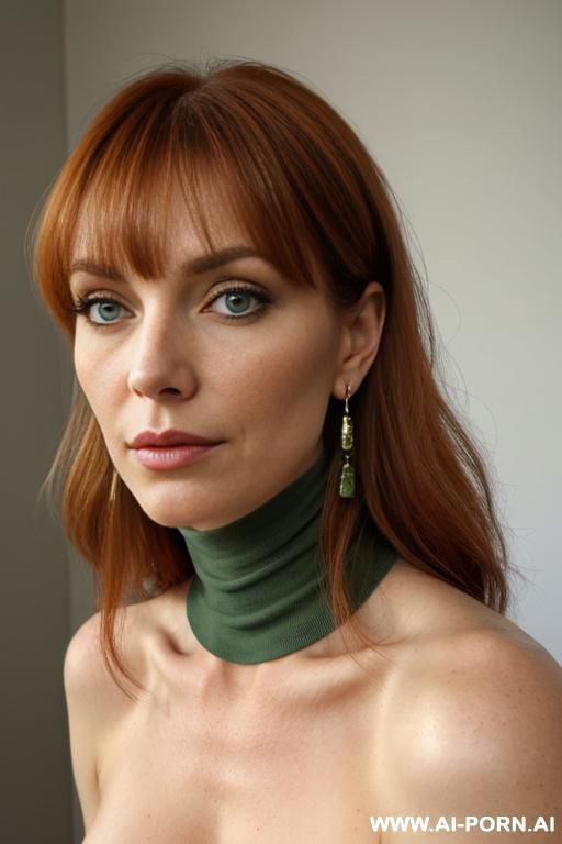 gorgeous mature face, narrow waist, round hips, long hair, full make up, necklace, earings, mock neck top, fullshot camera - #main