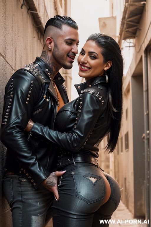 ((((arab rap milf hugging and kissing a muscular punk man on the lips)))) with ((((((gigantic tits)))))) and (((long hair))), (makeup) , (((tight spiked black leather jacket))) (((tight spiked - #main