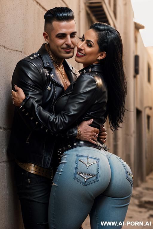 ((((arab rap milf hugging and kissing a muscular punk man on the lips)))) with ((((((gigantic tits)))))) and (((long hair))), (makeup) , (((tight spiked black leather jacket))) (((tight spiked - #main
