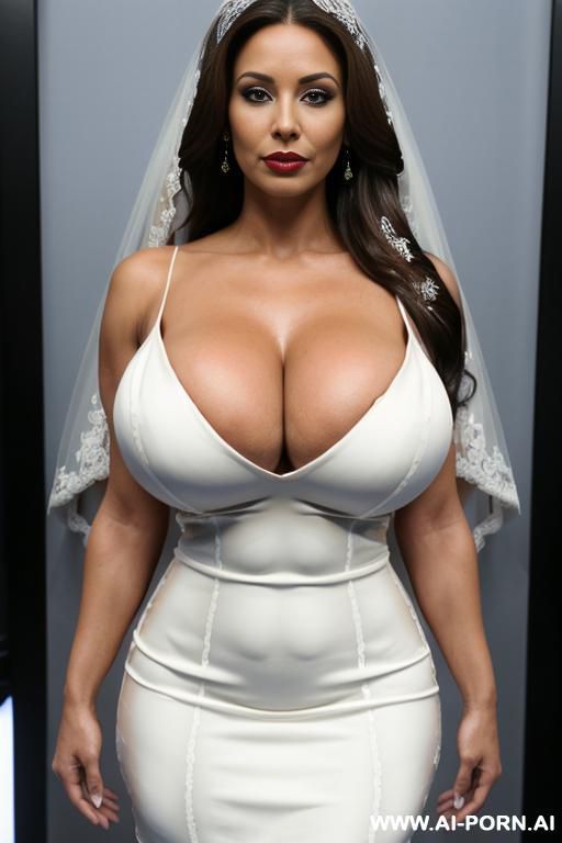 (((((extremely big boobs)))), (ultra deep tanned skin), ((fit))), (((((bride dress))))), (extremely beautiful make-up), red lip gloss, seductive, extremely slutty, very wicked, ((((ultra realistic)))), (((extremely long hair))), older woman. - #main