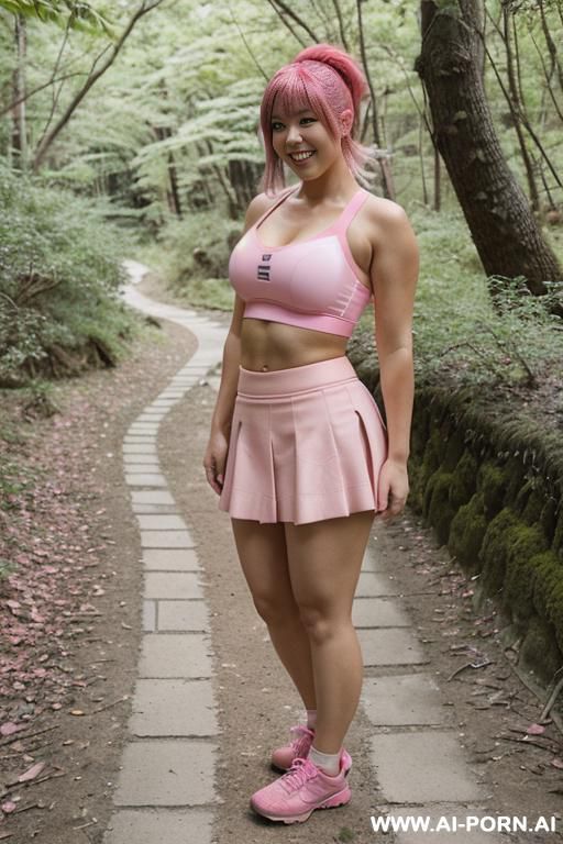 (japanese), (fit), (thick thighs), (huge thighs), (wide hips), (pink hair), (pink skirt), (pink sports bra), (pink shoes), (smiling), (gravelled nature trail), (midriff), - #main