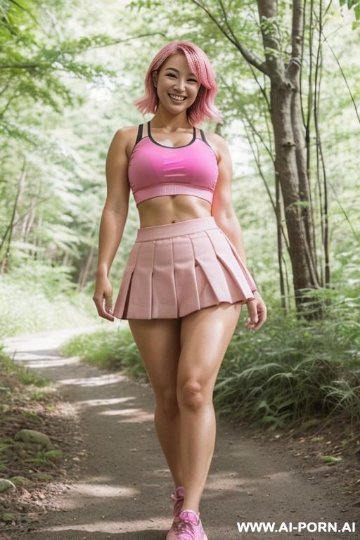 (japanese), (fit), (thick thighs), (huge thighs), (wide hips), (pink skirt), (pink sports bra), (smiling), (gravelled nature trail), (midriff) - #main