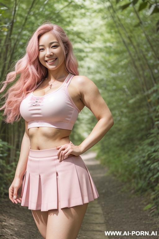 (japanese), (lean), (long hair), (thick thighs), (huge thighs), (wide hips), (pink skirt), (rose pink sports bra), (smiling), (gravelled nature trail), (midriff) - #main