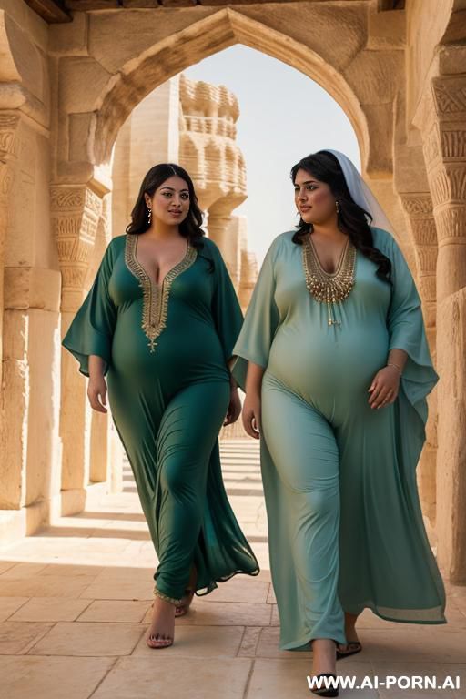 a chubby ancient arabian princess in a green kaftan walks with a devote chubby full naked female servant with shaved vagina - #main