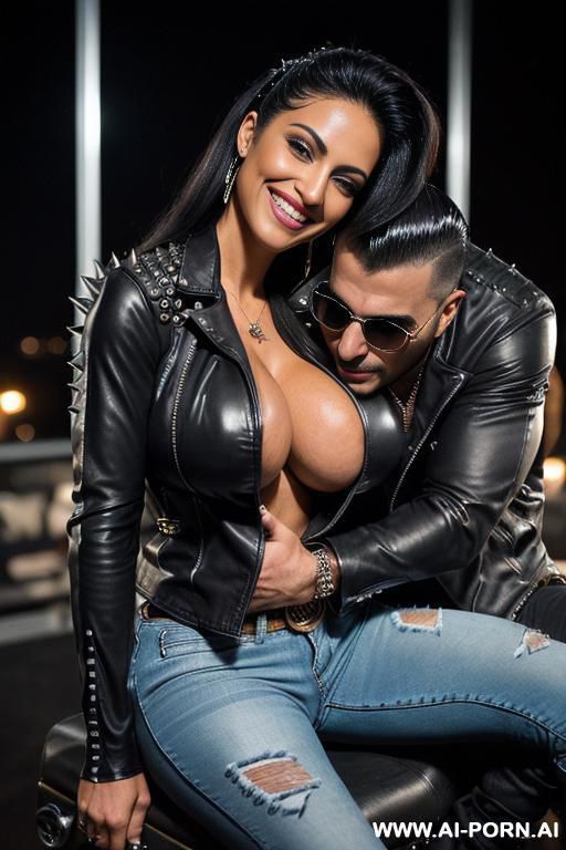 ((((arab rap milf hugging and kissing a muscular punk man on the lips)))) with ((((((gigantic tits)))))) and (((long hair))), (makeup) , (((tight spiked black leather jacket))) (((tight spiked - #main