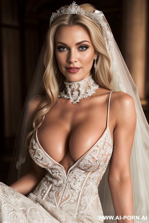 scylla cohne milf, blonde hair, (hard seductive smile), open front wending rock dress, hud3 show tits, show pussy, goth woman in red goth outfit. (((gigantic muscular pecs))) sexy blue eyes. - #main