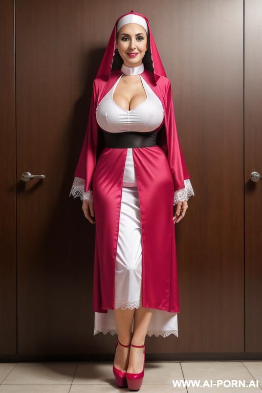 nun wearing stylish platform pumps women lace pink red leg apart - #main