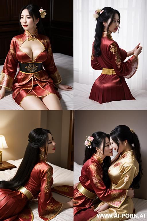 tea party, full clothes, pleated dress, chinese clothes, traditional clothes, chinese wedding, old china outfit , through lights red coat , 2 womens, lying on bed, women on top, hugging each - #main
