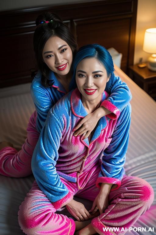 tea party, full clothes, pleated dress, chinese clothes, traditional clothes, chinese wedding, old china outfit , lights red coat , 2 womens, lying on bed, women on top, hugging each other, kissing, lying on another lab, tongue out, multiple views - #main
