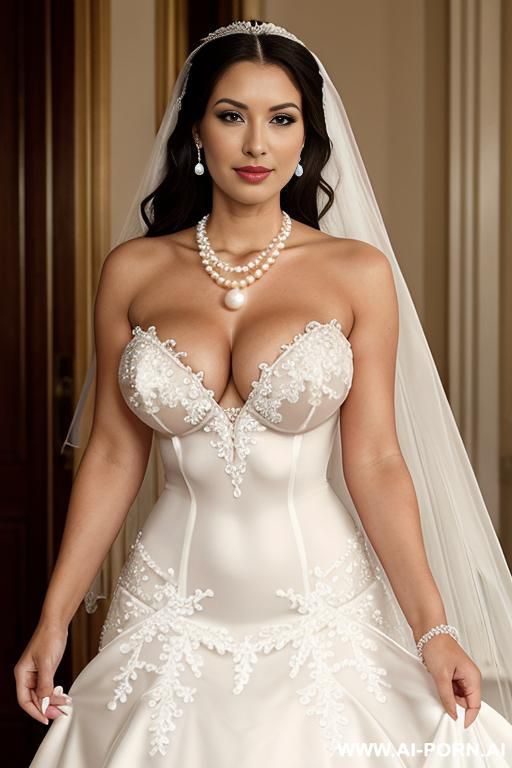 big breasts, no bra, (((naked))), ((covered in have the bride wear a matching white pearl necklace with earrings and a ring.cum)) - #main