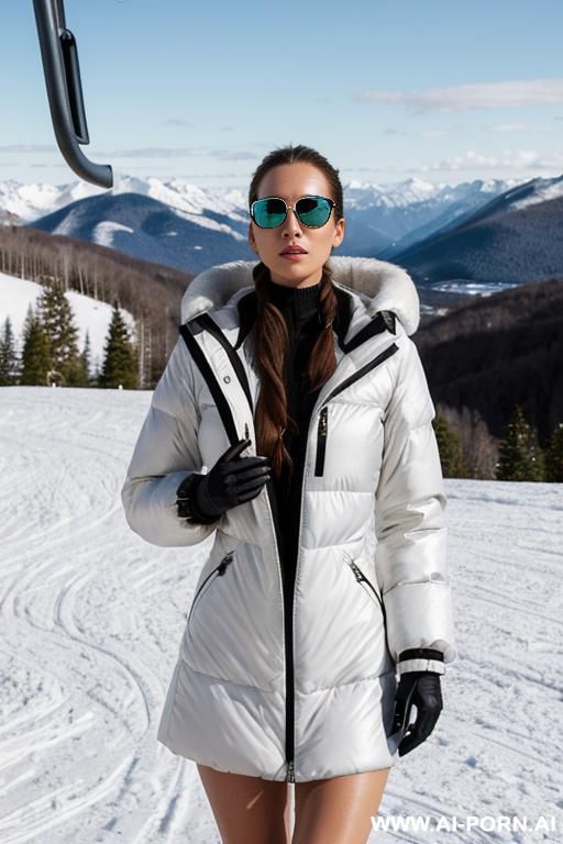 shiny black moncler style puffy jacket and fur lined hood is giving a blowjob in the snow showing boobs - #main