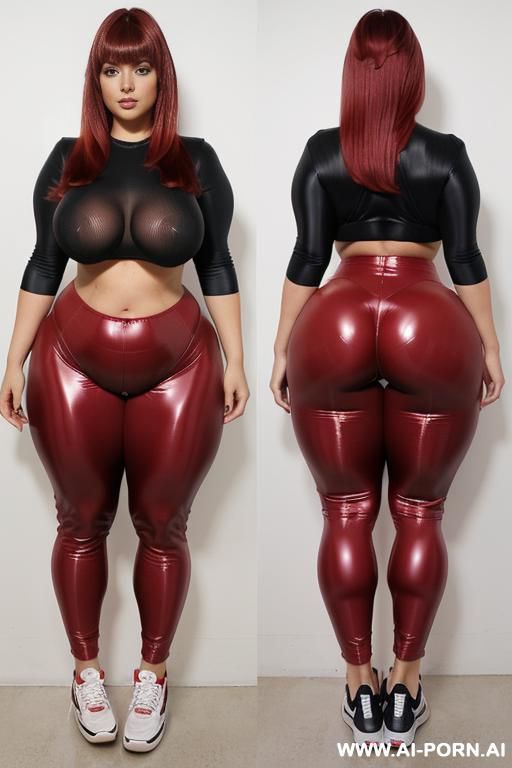 ((((a curvy plus size woman )))), standing she is looking over her shoulder at the camera, wearing a high-waisted shiny glossy leggings that accentuate her (((full hips and buttocks))).(((((gigantic - #main