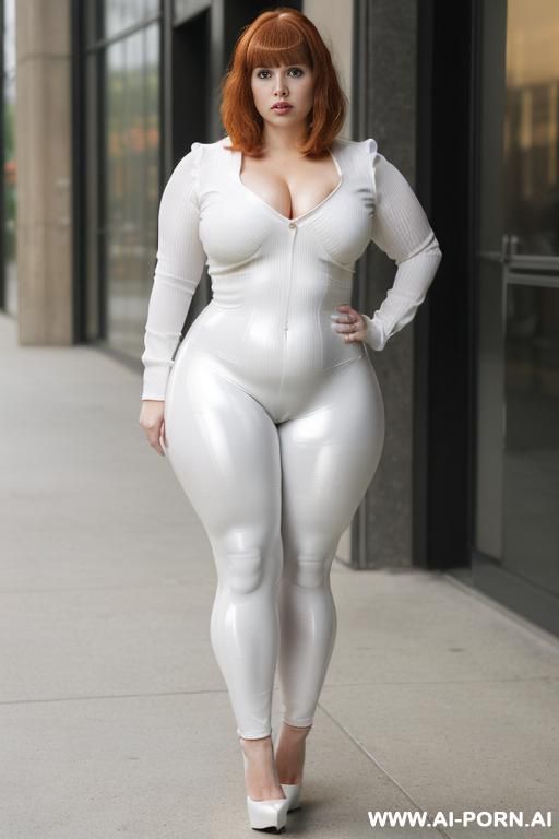 office slut , office slut leggins, narrow waist, ((wide hips)), big ass, (((round ass)), (((thick thighs))), ((muscular legs)), ((high platforms heels)), full body view, fully clothed ,((extremely white pallid skin)), ((ghastly white shiny skin)) - #main