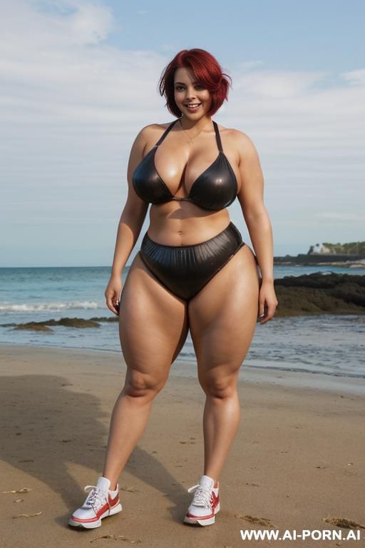 ((((a curvy plus size woman )))), standing she is looking over her shoulder at the camera, wearing a shiny glossy shorts that accentuate her (((full hips and buttocks))).(((((gigantic and muscular - #main