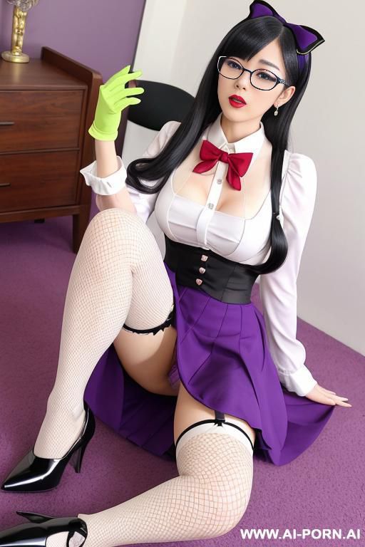 japanese woman, sit on carpet, purple lips, long hair, black hair, purple bow on hair, white shirt, green long gloves, red skirt, white stockings, red hight heels, glasses - #main