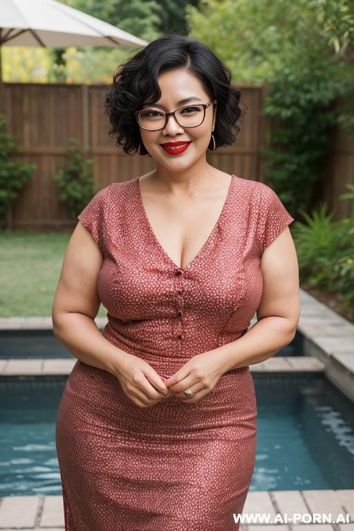 asian middle age woman curvy curly short hair glasses smilling face red lips standing backyard looking at camera visible pokes - #main