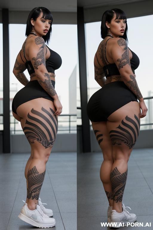 ((((a curvy plus size woman )))),(( full side view)). standing she is looking over her shoulder at the camera, wearing a micro skirt that accentuate her (((full hips and round ass - #main