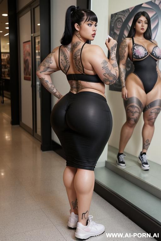 ((((a curvy plus size woman )))),(( full side view)). standing she is looking over her shoulder at the camera, wearing a micro pencil skirt that accentuate her (((full hips and round ass - #main
