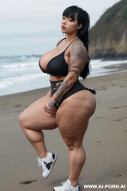 ((((a curvy plus size woman )))),(( full side view)). standing she is looking over her shoulder at the camera, wearing a shiny blue micro bikini that accentuate her (((full hips and - #main