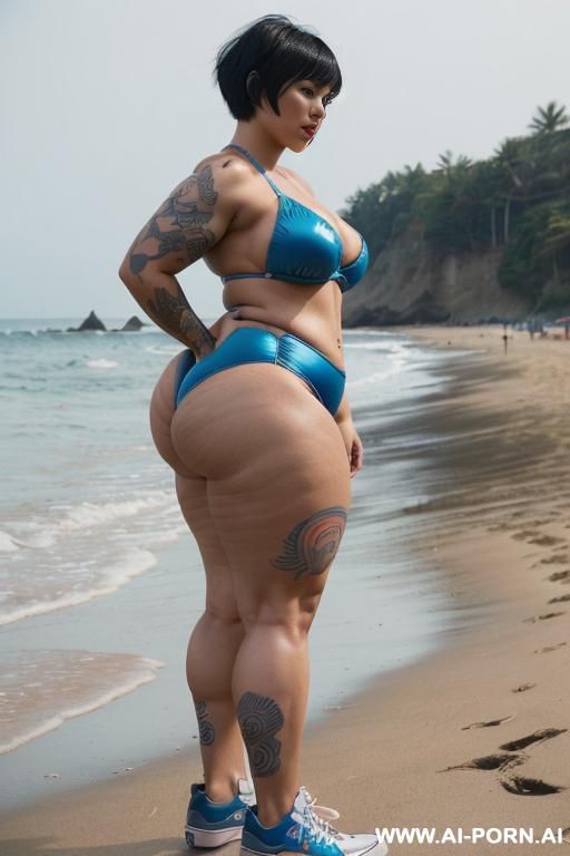 ((((a curvy plus size woman )))),(( full side view)). standing she is looking over her shoulder at the camera, wearing a shiny glossy blue electric micro bikini that accentuate her (((full hips - #main