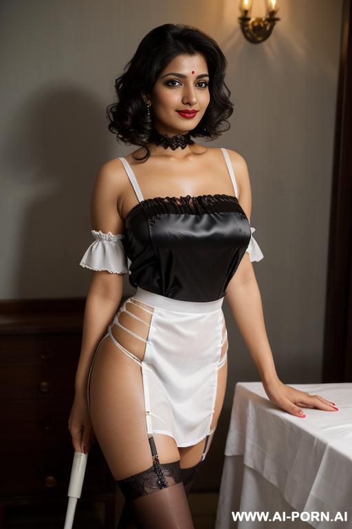 light makeup , white open toe lace up deep neck blouse top, black skirt, opaque stockings, high heels sandals, hour glass figure, south indian, seductive look at camera, ((no underwear)) - #main