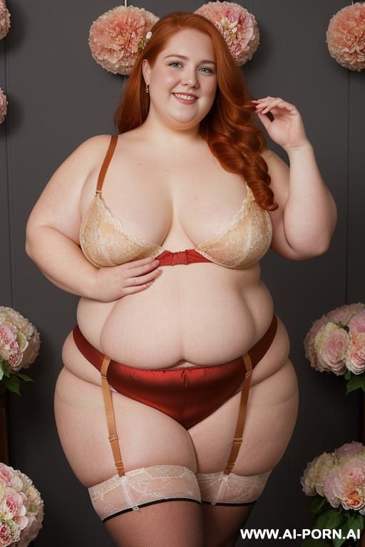 half body photo shot close up. a ((british obese fat bbw redhead)), ((thick with love handless)). ((wearing a golden bright sexy and hot garter belt bride lingerie of flowers, and a dark-red ruffle silk micro-skirt)). she is smiling - #main