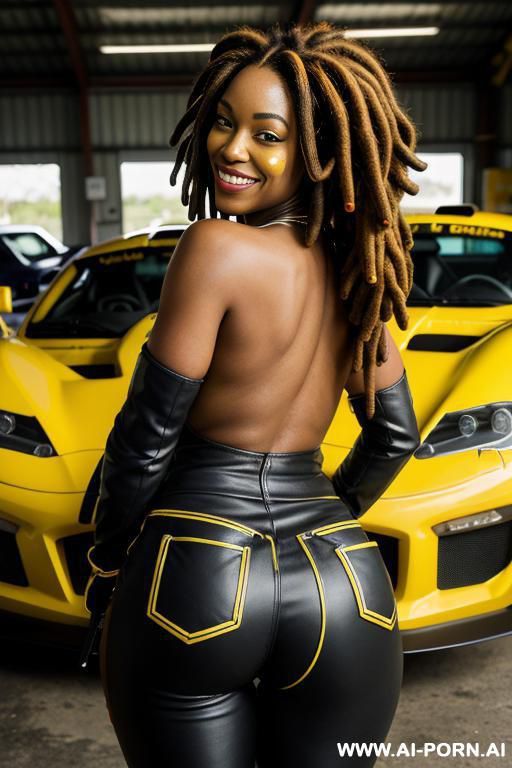 black woman, african, round face, fat face cheeks, beaver smile, pointed smile, short dreadlocks to her neck, sexy ass from behind, cloths colour yellow - #main