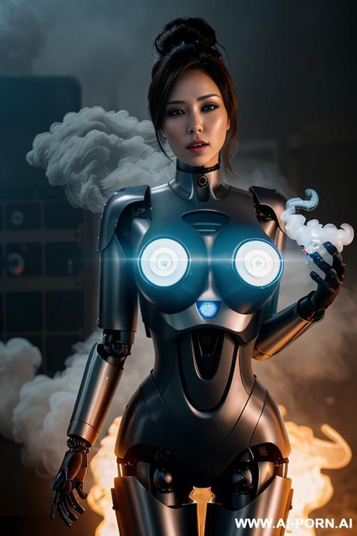 heavily damaged robotic police officer, shapely fully robotic body, hole inside chest exposing inner robotic parts with smoke coming out - #main