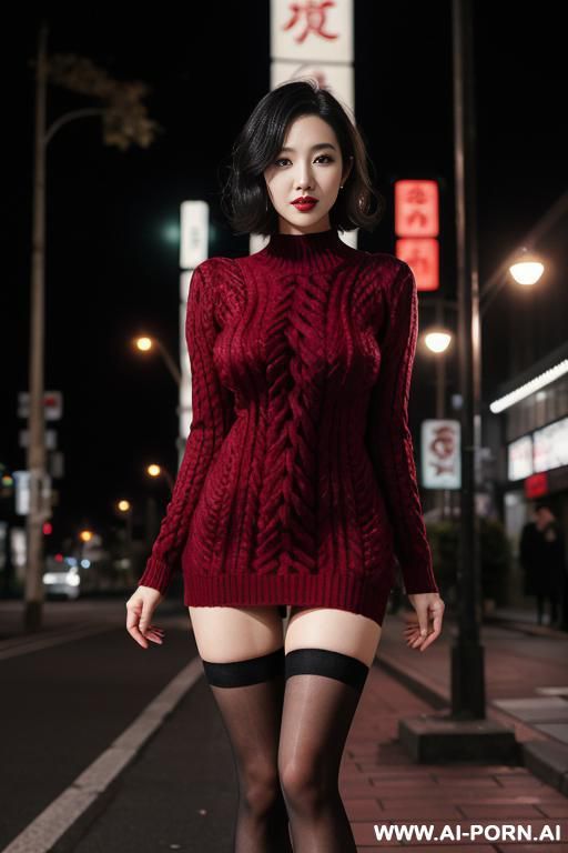 pretty, japanese, caucasian, 30, short wavy hair, black hair, very white skin, natural boobs, makeup, eye shw, standing, spreading legs, black tights, dark red sweater dress, night time, street background. - #main