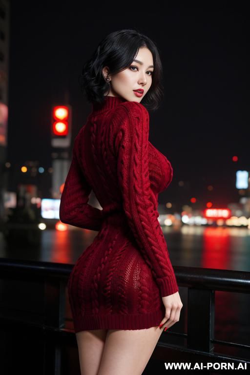 pretty, japanese, caucasian, 30, short wavy hair, black hair, white skin, natural boobs, makeup, eye shw, standing, spreading legs, dark red sweater dress, night time, raccoon city background. - #main