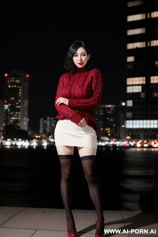 pretty, japanese, caucasian, 30, short wavy hair, black hair, very white skin, natural boobs, makeup, eye shw, standing, spreading legs, black tights, dark red sweater dress, night time, city background. - #main