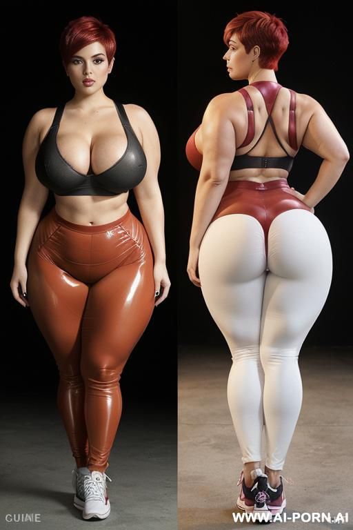 ((((a curvy plus size woman )))), standing she is looking over her shoulder at the camera, wearing a high-waisted shiny glossy leggings that accentuate her (((full hips and buttocks))).(((((gigantic - #main