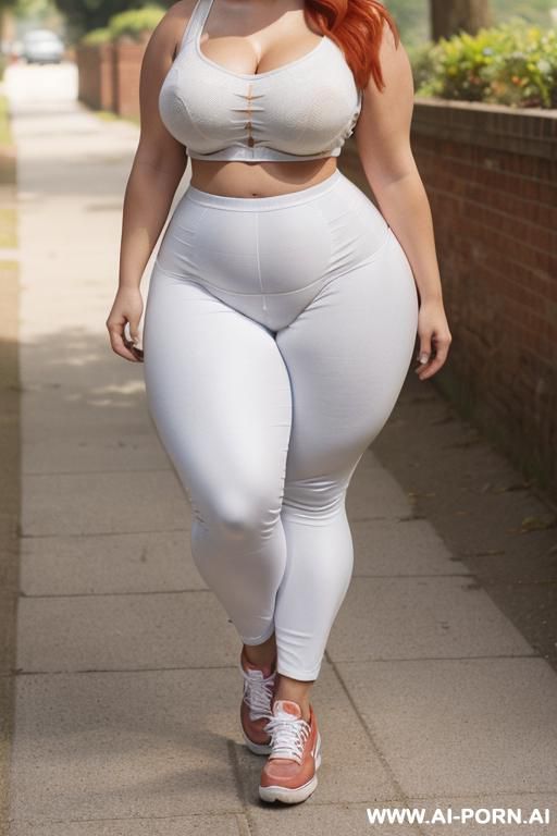 ((((a curvy plus size woman )))), standing outdoors on a brick-paved path. she is looking over her shoulder at the camera, wearing a white crop top and high-waisted white leggings that - #main