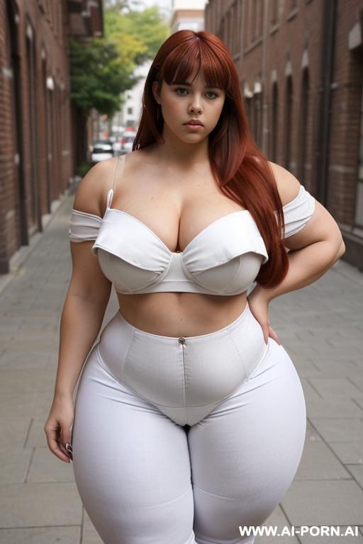 ((((a curvy plus size woman ))))with long hair , standing outdoors on a brick-paved path. she is looking over her shoulder at the camera, wearing a white off-the-shoulder crop top and - #main