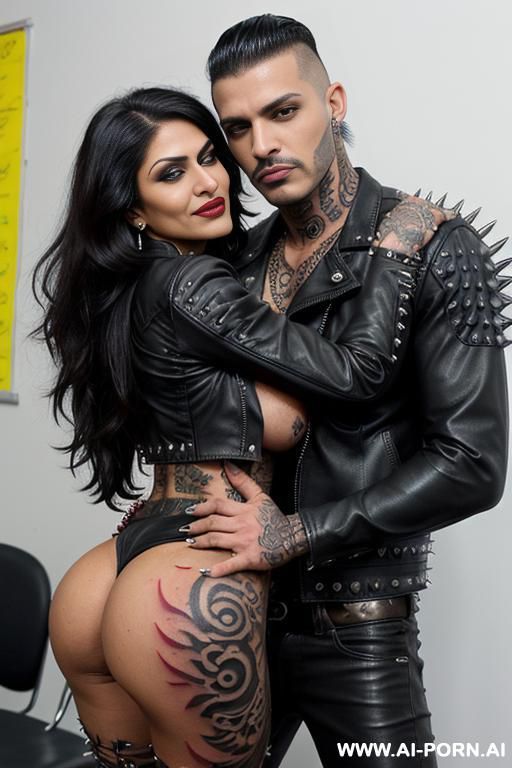 ((((tattooed persian milf hugging a muscular punk man)))) with (((((gigantic tits))))) and (((long hair))) , (((makeup))) , (((big ass))) (((tight spiked black leather jacket))) (((woman straddling a man))) - #main