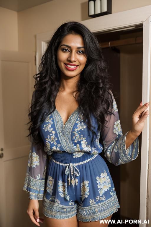(((indian))), ((fancy highly detailed blue floral patterned romper )), (texas modern ranch house), (christmas), (big full lips), ((smiling at the camera)), photorealistic, tanned indian, (ultra detailed - #main
