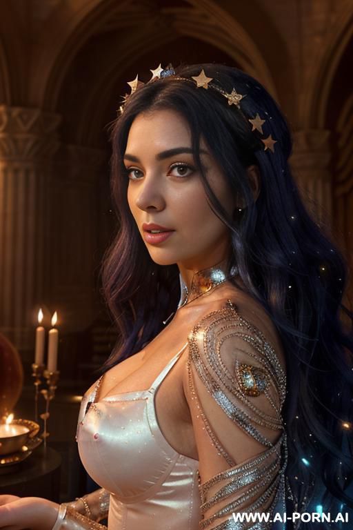 (front view), (looking at the viewer), (detailed face), (detailed body), (detailed skin), (detailed hands), (detailed fingers), toned figure, natural breasts, curly long dark blue hair with white - #main