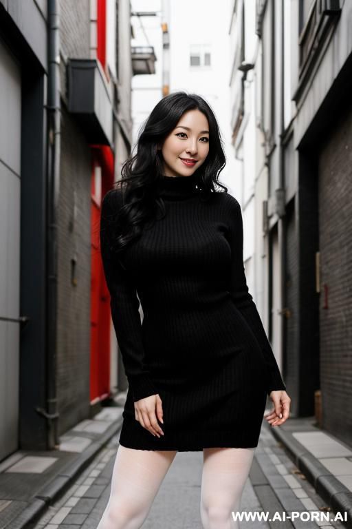 pretty, japanese, caucasian, 30, flowing wavy hair, black hair, very white skin, natural boobs, slight smile, makeup, eye shw, standing, spreading legs, black tights, red sweater dress, night time, alleyway background. - #main