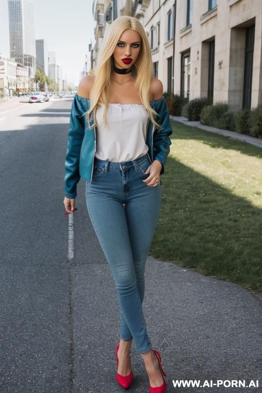 sexy pornstar tall long legs blonde long fluffy dense straight hairs big blue eyes goth style makeup big lips red lipstick dark eyeline slutty posein tight clothes pink jacket in tight jeans - #main