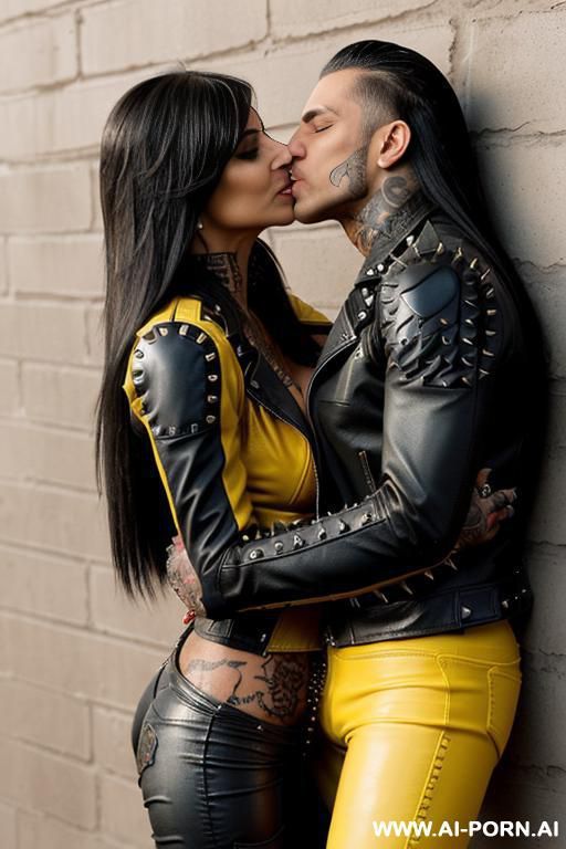 ((((tattooed persian milf hugging and kissing a muscular punk man on the lips)))) with (((((gigantic tits))))) and (((long hair))) (((makeup))) , (((big ass))) (((tight spiked yellow leather jacket))) - #main